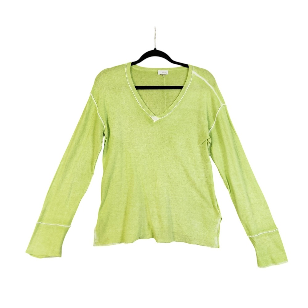 Ecru Womens V-Neck Burnout Sweater Size XS Lime Green Cotton Lightweight Knit